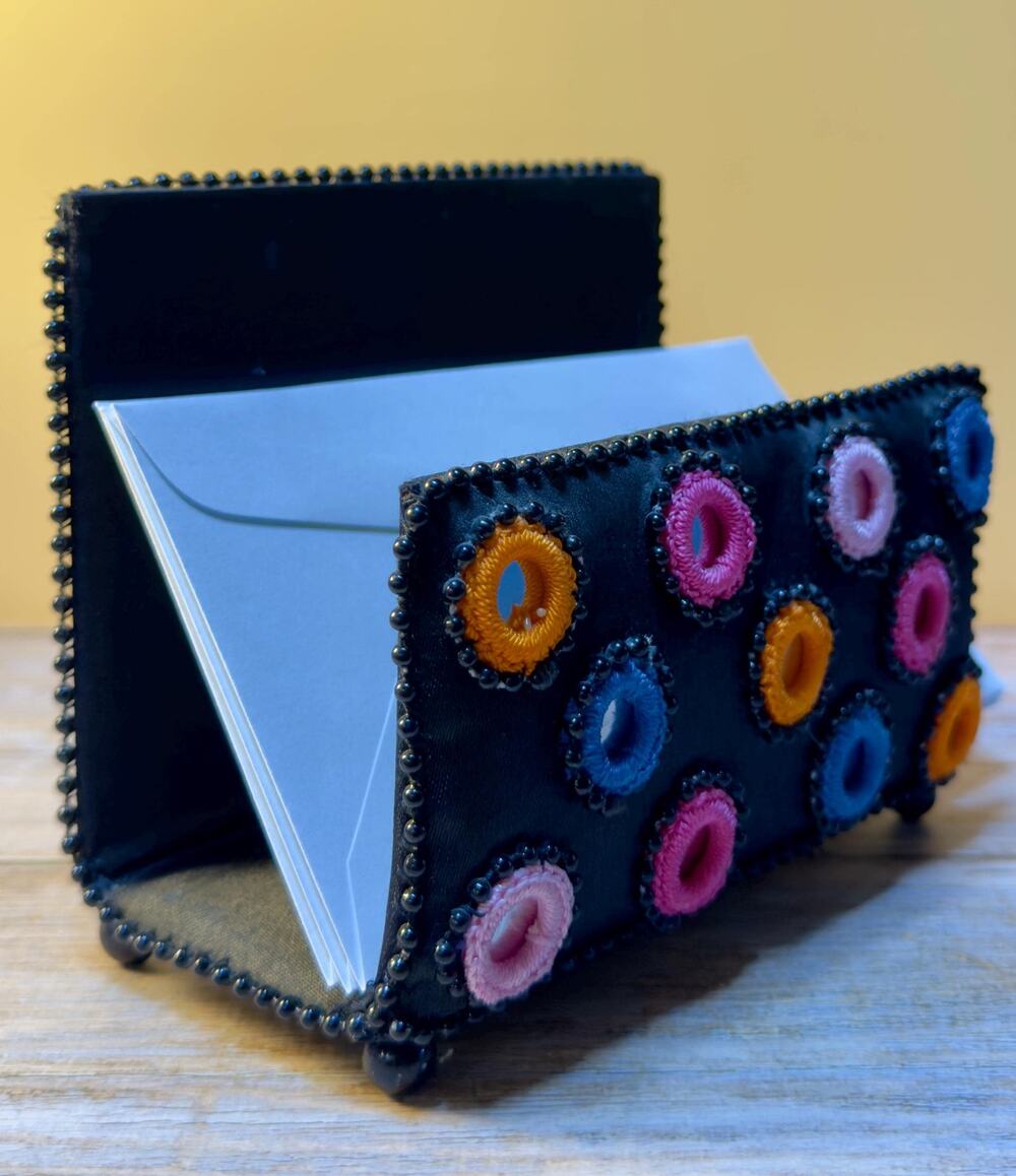 Embroidered Mirror Work Letter Holder, Boho Desk & Indian Textile Mail Organizer